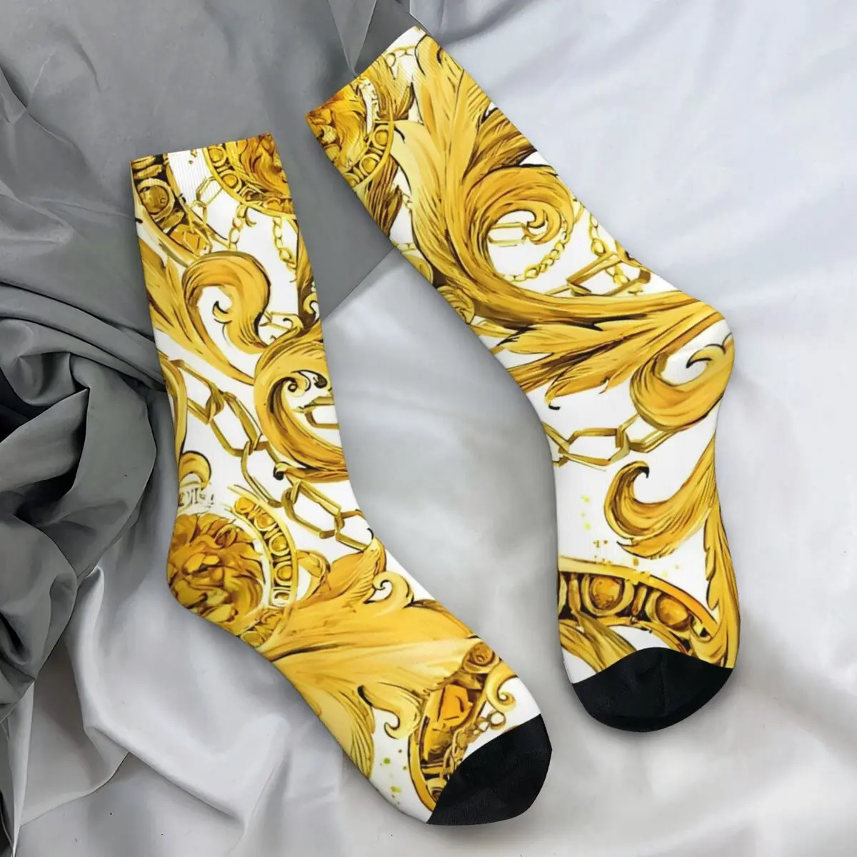 Luxury Golden Lion Flower Pattern Stockings Men Baroque Socks Warm Soft Trendy Socks Autumn Skateboard Non-Slip Pattern Socks