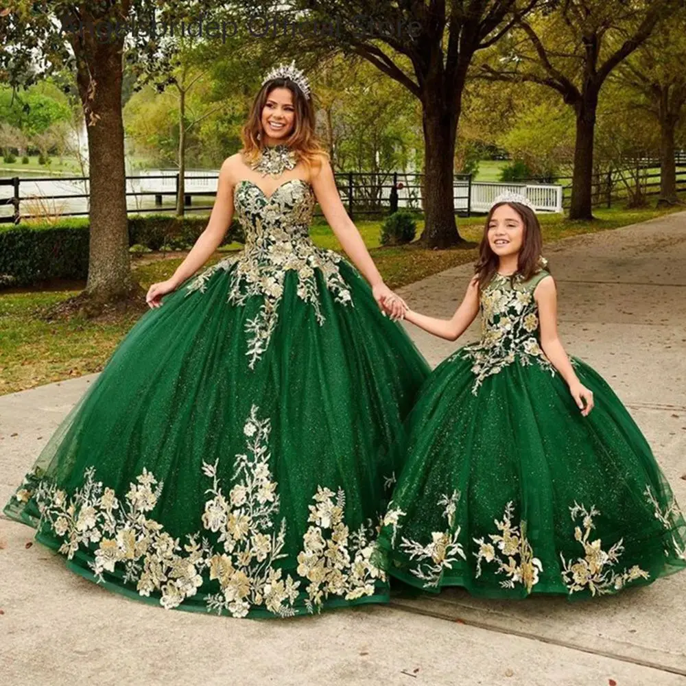 ANGELSBRIDEP-vestido De baile De tul verde, quinceañera, apliques dorados De encaje con cuentas, vestidos De fiesta para desfile, 15 Años, 2023