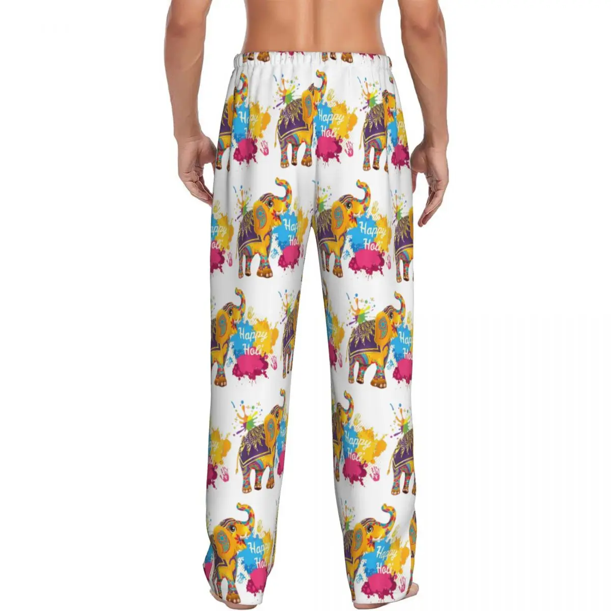 Custom Happy Holi Festival India Color Elephant (2) Men Pajama Pants Lounge Sleep Sleepwear Bottoms with Pockets