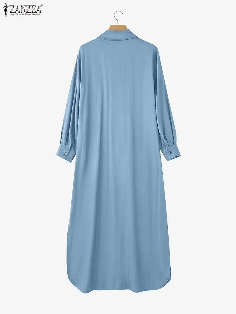 2025 ZANZEA Moda Autunno Camicia Abito Donna Elegante Risvolto Collo Manica Lunga Robe Maxi Abiti Ufficio Vestito Estivo Split Hem Abiti
