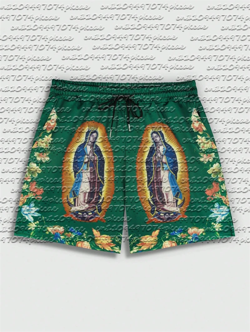2026 New Our Lady of Guadalupe Floral Border 3D Print Y2K Oversized Casual Shorts Men Streetwear Beach Bottoms