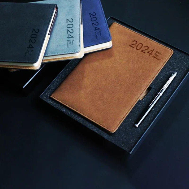 2024 Calendar Book English A5 Daily Planner Agenda Book Planner Notebook Leather Notepad Meeting Minutes Business