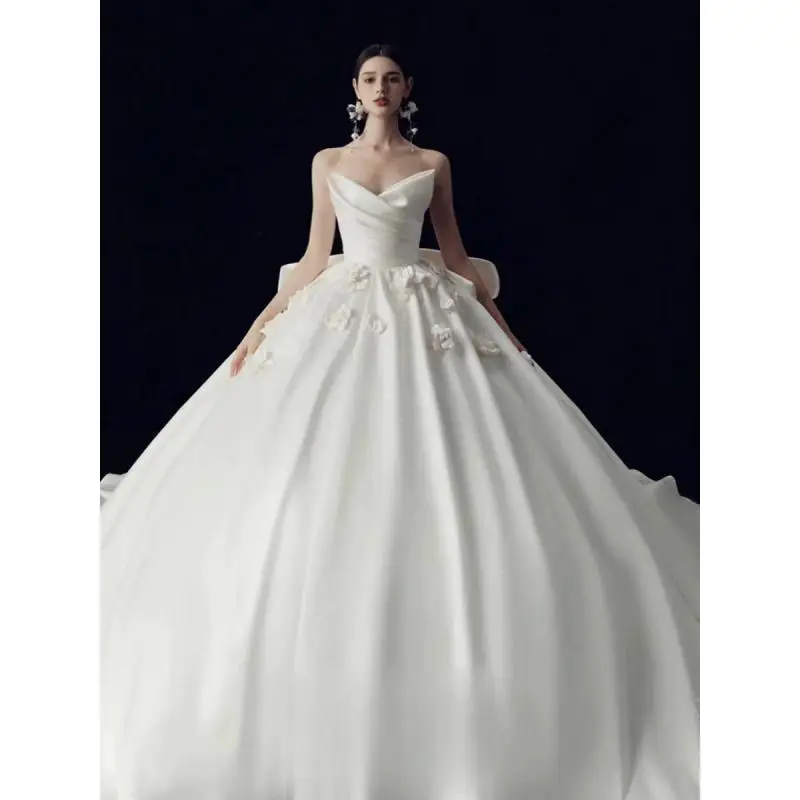 Sexy Satin Strapless Wedding Dresses Floor Length Or Train Sweetheart A-line White/ivory Bridal Gowns Vestidos De Novia