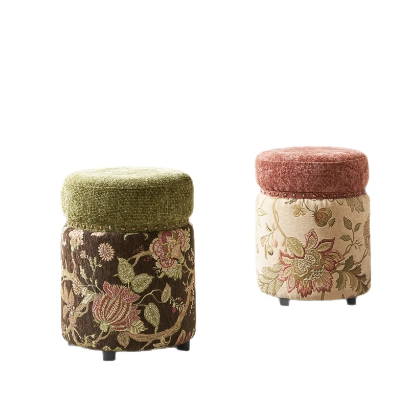 Retro jacquard round stool solid wood bedroom soft seat stool home living room shoe changing