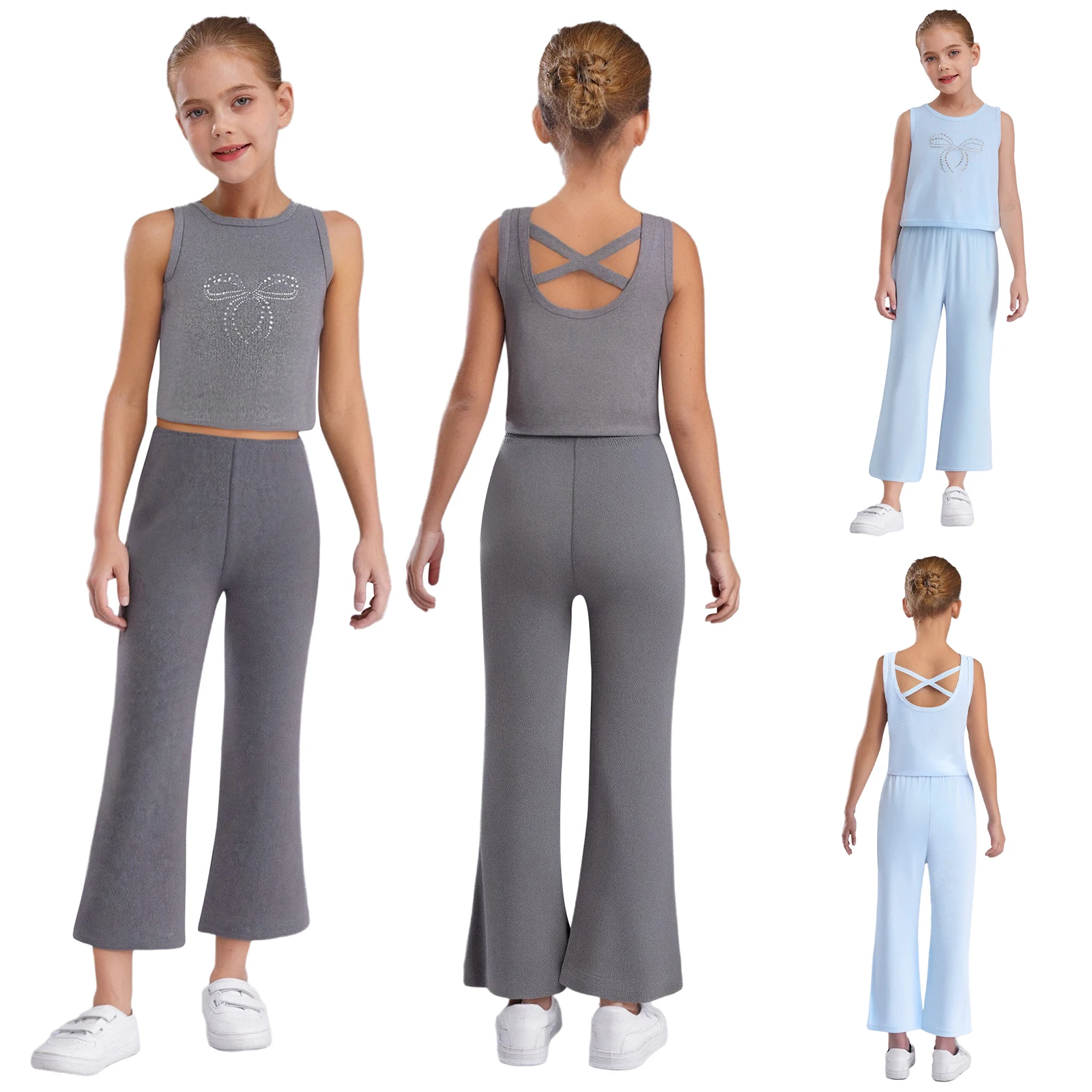 Sleeveless Casual Sports Set for Kids Girls Cross Back Crop Tank Top Vest+Pants 2-piece Set for Yoga Workout Exercise Sportswear