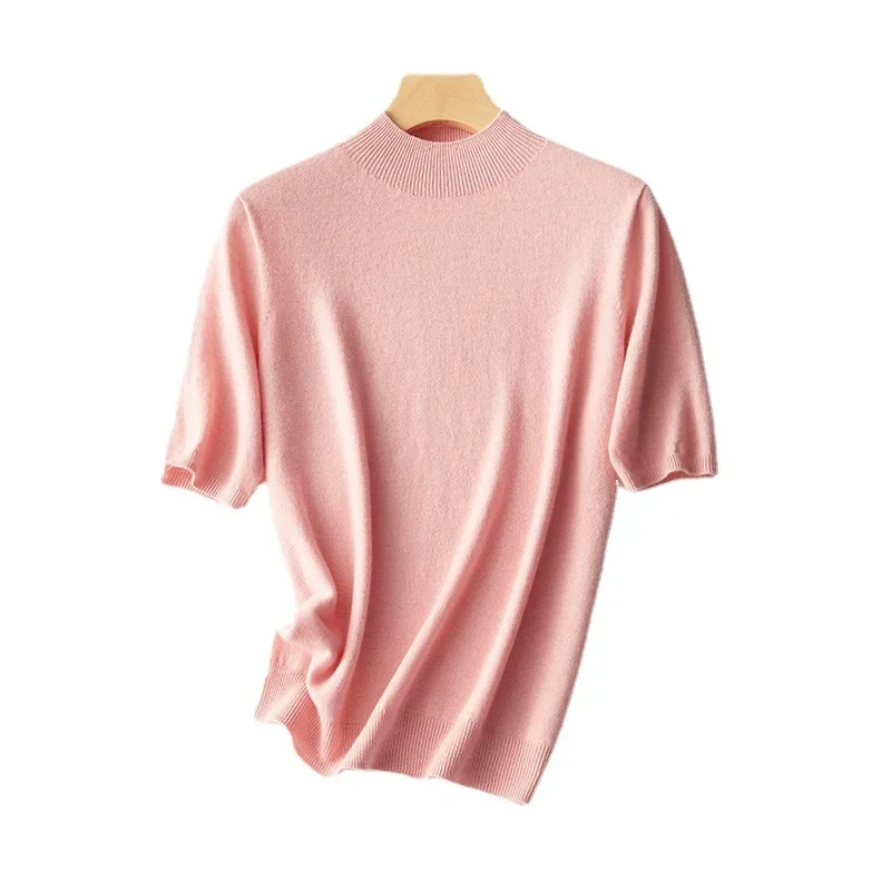 J019 t-shirt pullover in maglia a maniche medie a collo alto da donna