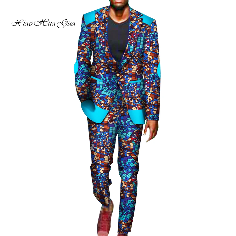 2 Pieces African Pants Sets Mens African Clothing Bazin Riche African Wax Print Blazer Suits and Pants Ankara Clothes WYN716