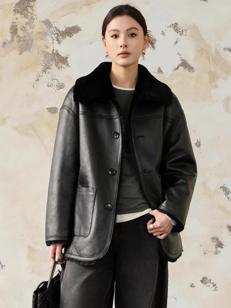 

High-end Luxury Merino Sheep Fur Winter Jacket for Women Simple Double-sided Wear Black Mid-length Genuine Leather Real Fur Coat