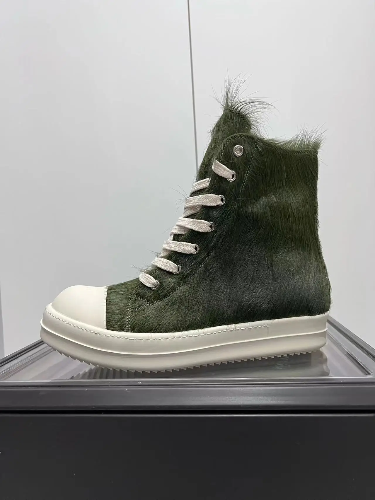 

Ricks Genious Army Green Horse hair High Top Lace Up Owens Quality Men Shoe Zip Women Sneaker Casual Owens Design boots & Shoes