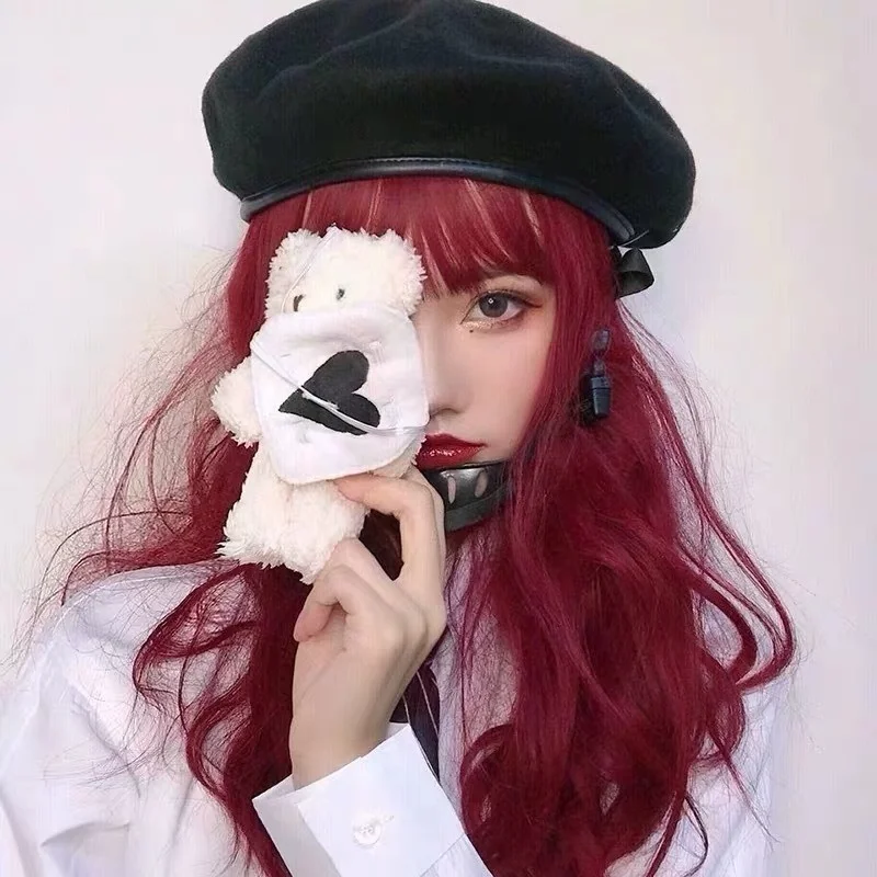 Y2k Dark Black Pu Edging Beret Retro Uniform Sweet Girl Chinto Hat Dark World-weary Jk Sailor Adjustable Buckle Female Beret