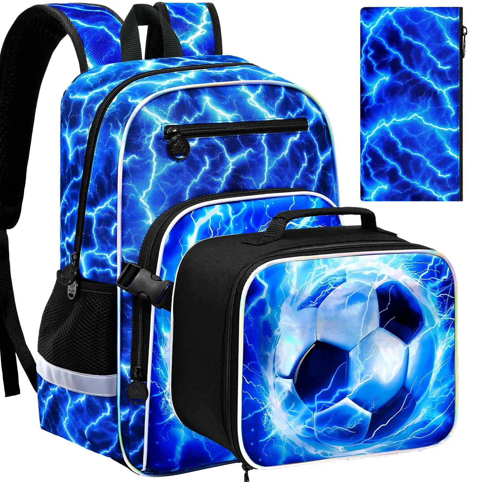 

Kids Backpack for Boys, 3PCS Bookbag Set with Clip-On Lunch Box, 17“ Water Resistant Lightning Soccer School Bag for Elementary