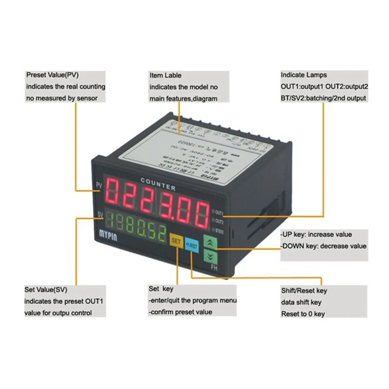 Mypin FH8-6CRRB Dual Display Digital Counter Digital Counter 6 Digits Light-Emitting Diode AC/DC Length Meter Black