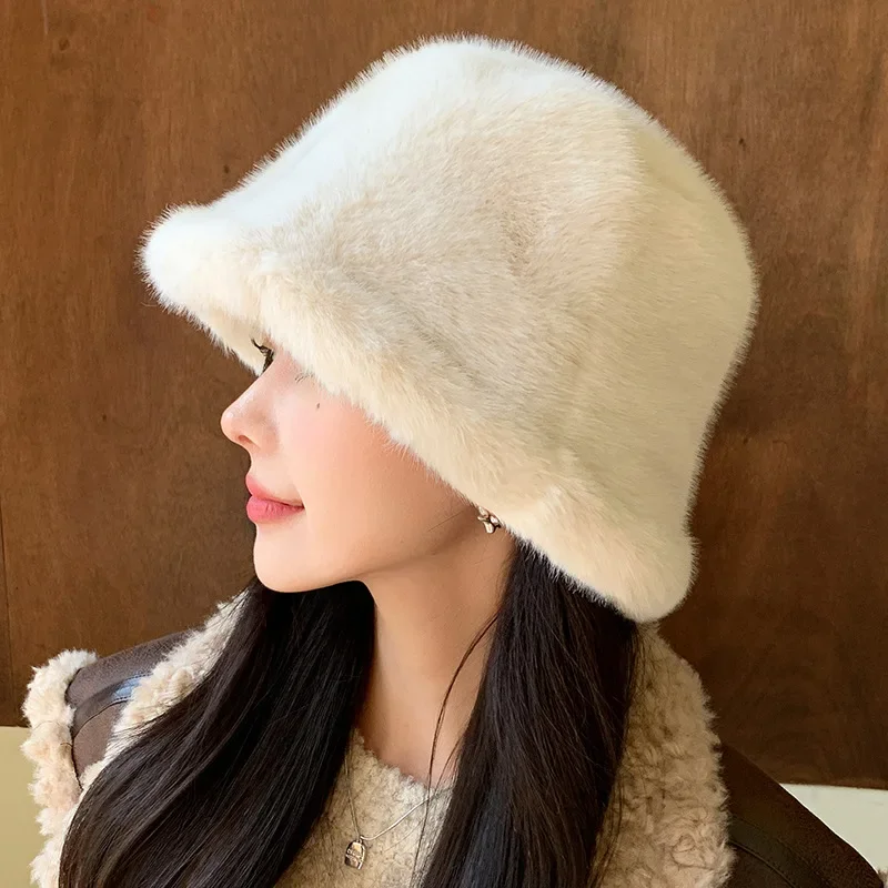 Soft Winter Plush Warm Bucket Hat for Women Girl Solid Color Fordable Wide Brim Panama Cap Outdoor Windproof Tour Basin Hats