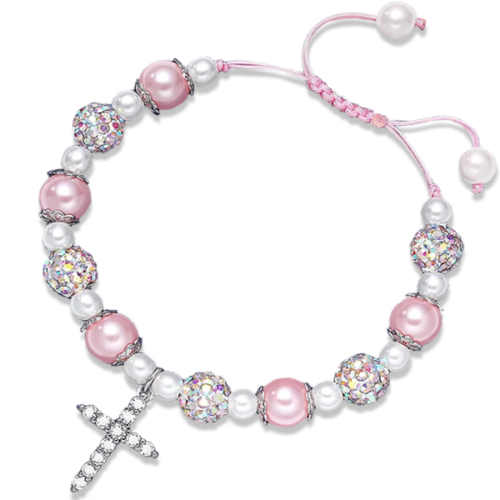 Pink Pearl and Rhinestone Bracelet First Communion Gifts Baptism Gifts for Girls