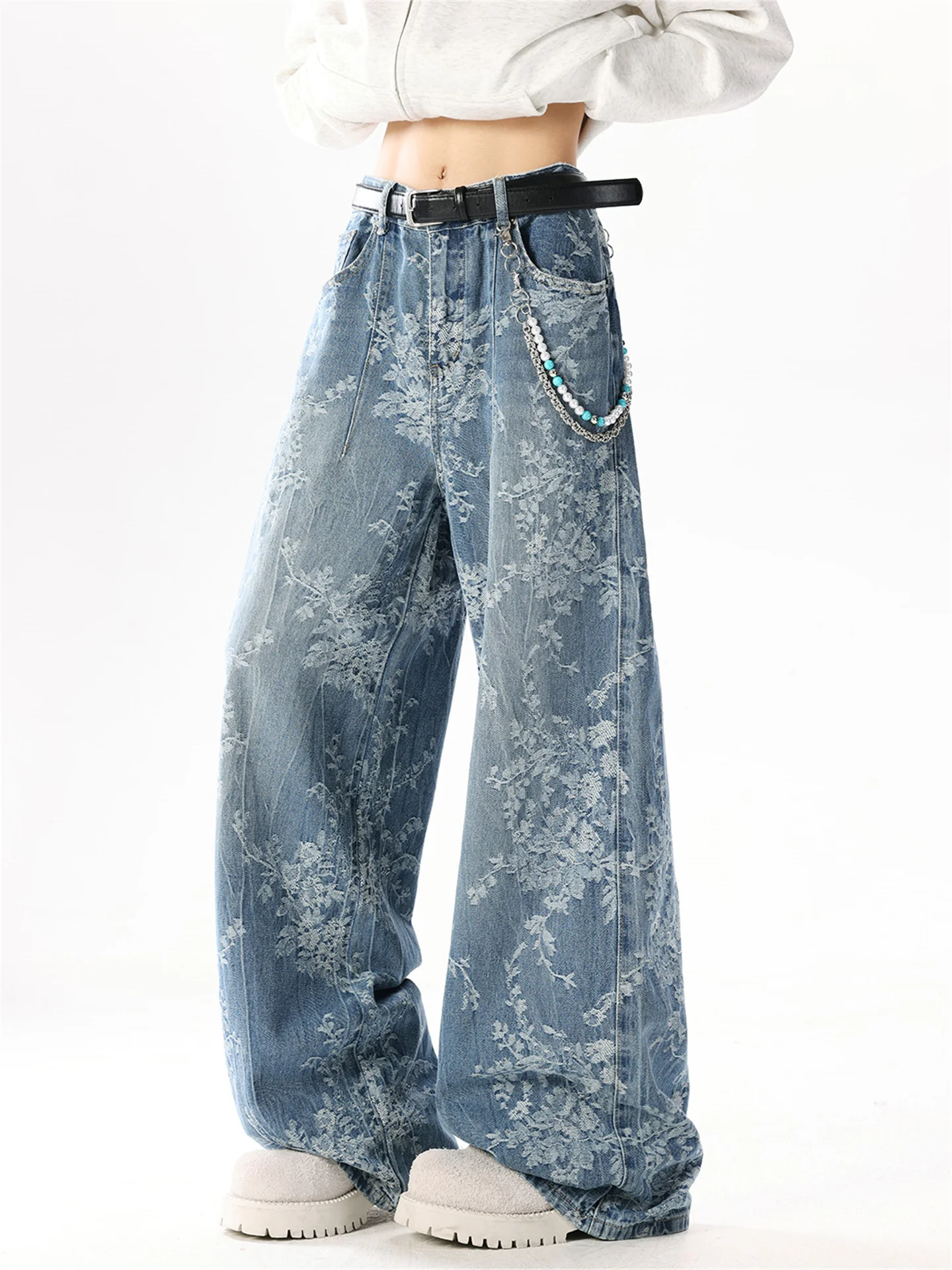 Women's Blue Baggy Y2k Jacquard Jeans Japanese 2000s Style Boyfriend Jean Pants Vintage Harajuku Oversize Denim Trousers Autumn