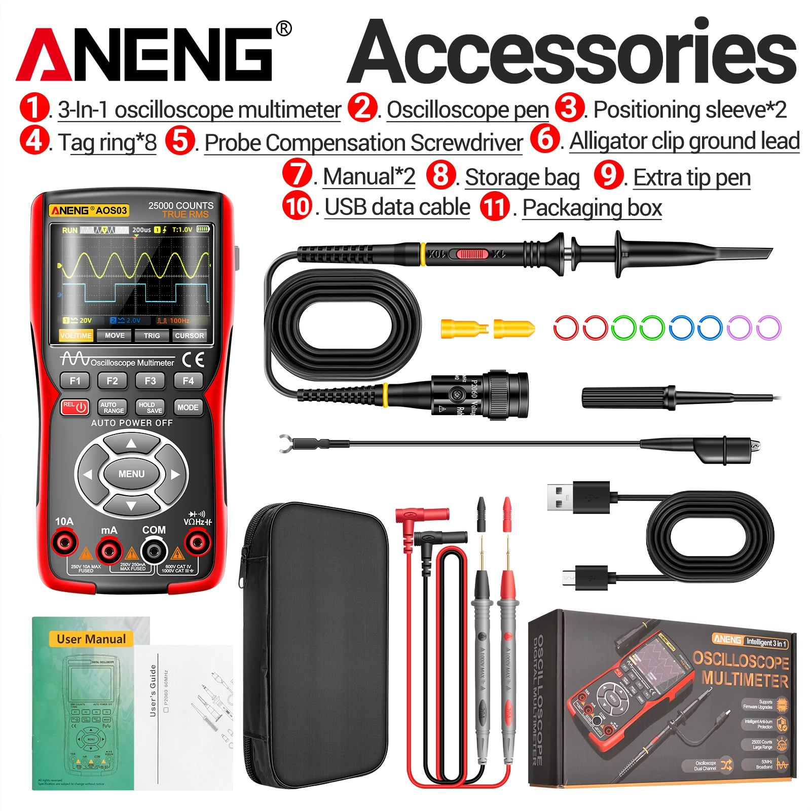 ANENG AOS03 Handheld Dual Channel Waveform Oscilloscope Dual Multimeter 3-in-1 LCD Display Digital Multimeter