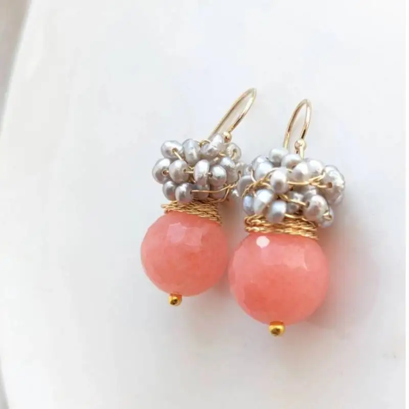 Peach faceted Jade with cluster tiny silver pearls earrings. Gold filled earrings, cluster earrings