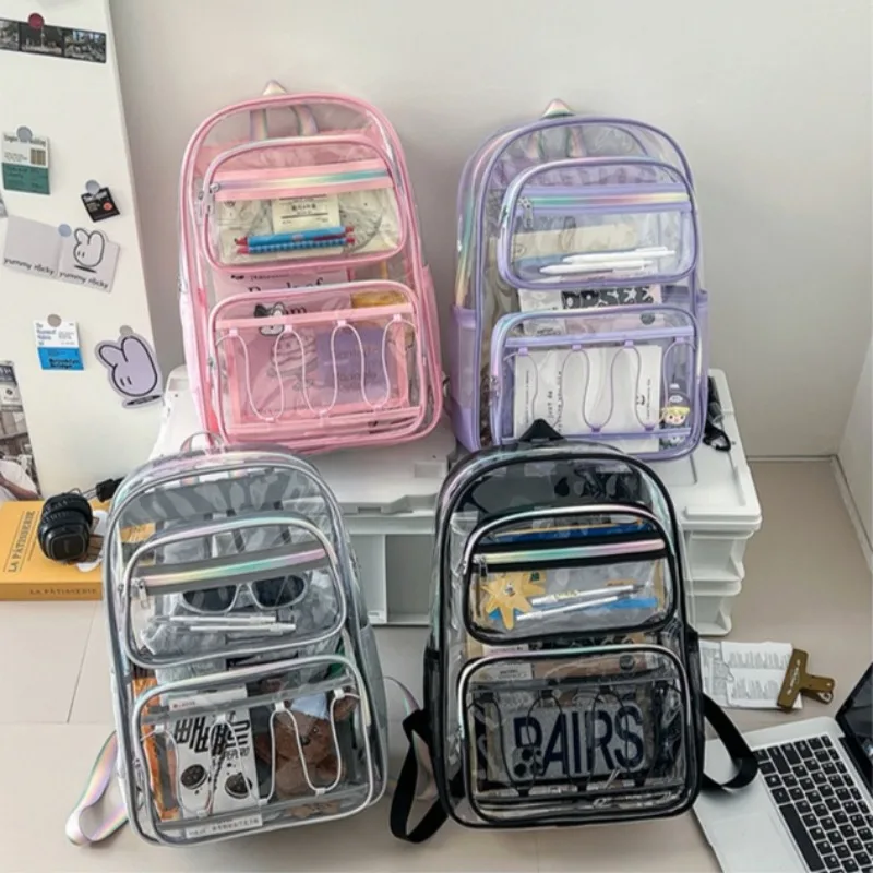 Unisex PVC Transparent Backpack Street Fashion Trendy Clear Rucksack Students School Bags Outdoor Waterproof Travel Beach Bag