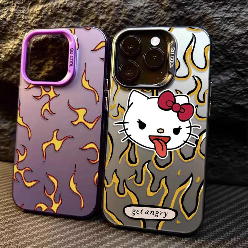 Luxury Flame Hello Kitty Case for iPhone 16 15 14 13 12 11 Pro Max XS X XR 8 7 Plus SE 2020 Matte Hard Shockproof Plating Cover