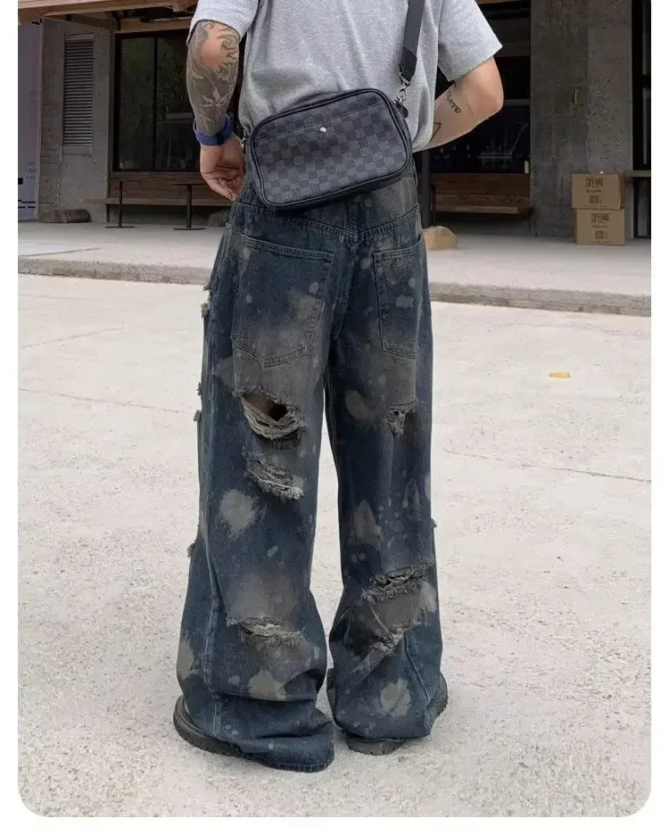 جينز ممزق أزرق عتيق للنساء بخصر عالٍ 2000 على الطراز القوطي الأمريكي الشرير الهيب هوب فضفاض غير رسمي مستقيم وواسع الساق من قماش الدنيم #5
