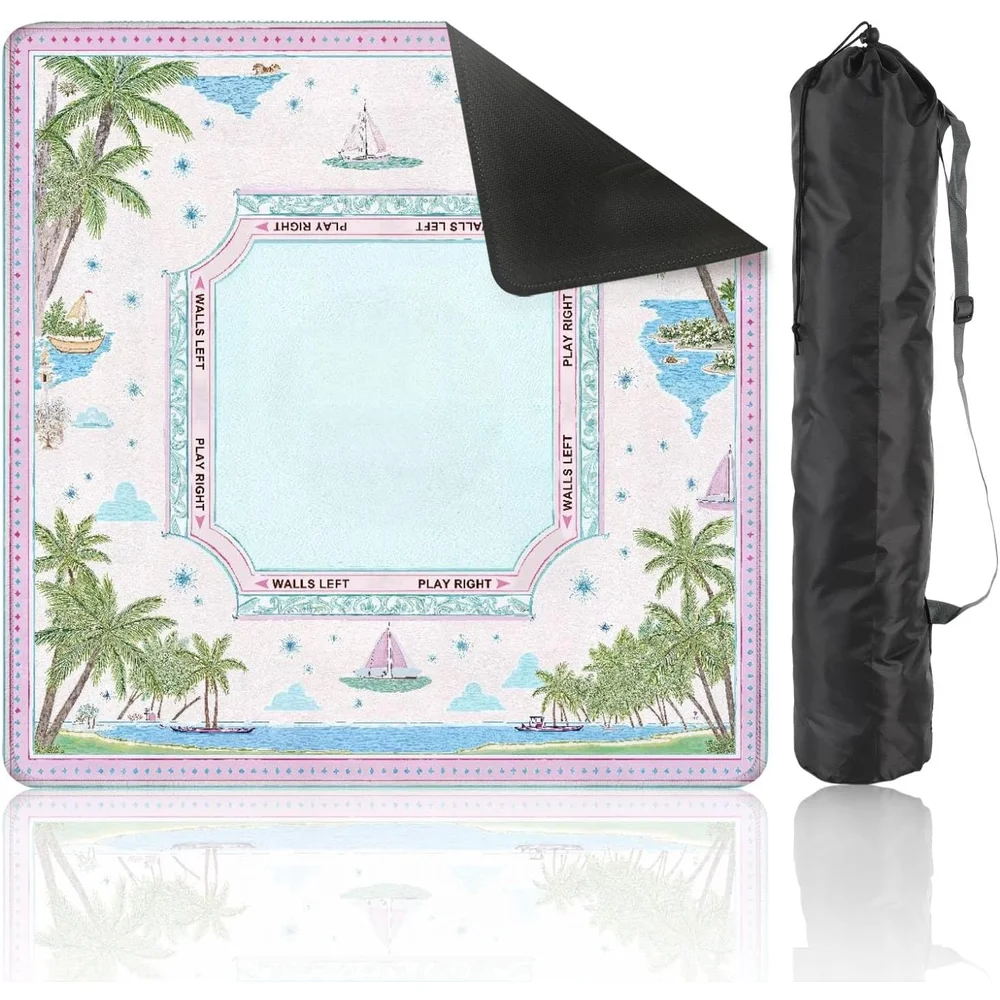 Luxury Neoprene 3mm Mahjong Mat 31.5 Inch Pastel Tropical Palm Sailing Boat Print Non Slip Noise Reduction for Tabletop Games