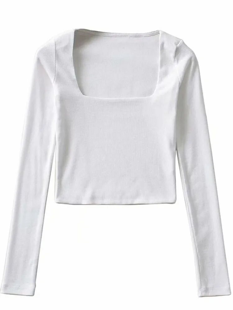 Women Cotton Ribbed Square Neck Crop Top With Long Sleeve