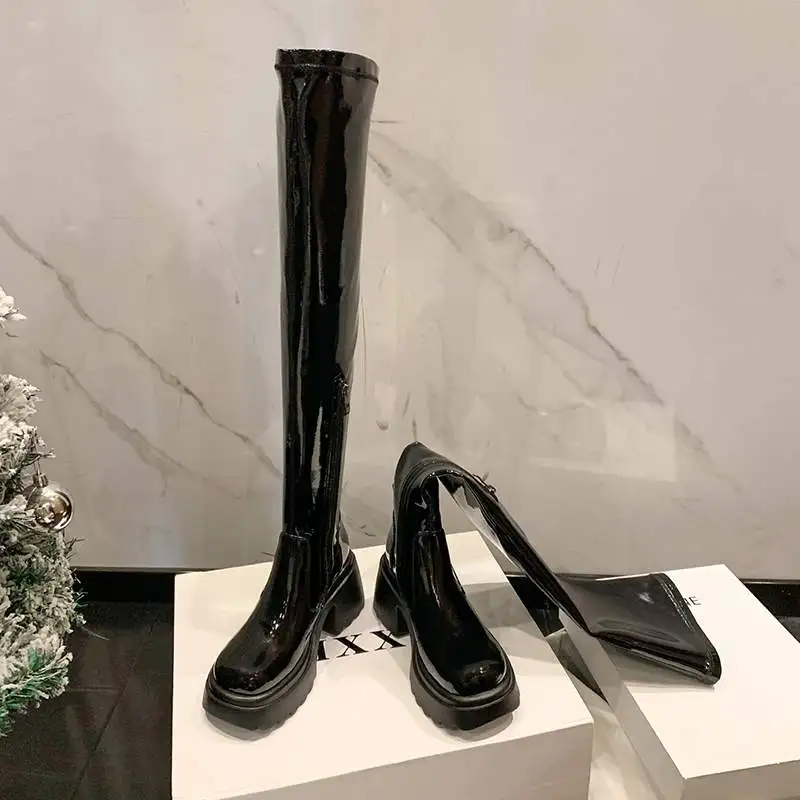 Krazing Pot Cow Leather Round Toe Thick High Heels Motorcycles Boots Winter Punk Design Keep Warm Elastic Over-the-knee Boots