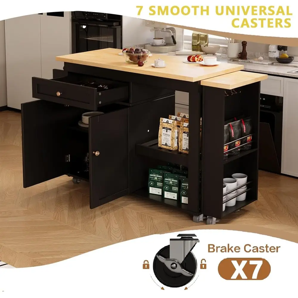 جزيرة المطبخ المتدحرجة مع طاولة قابلة للتمديد، رف توابل، درج وخزانة، أسود #4