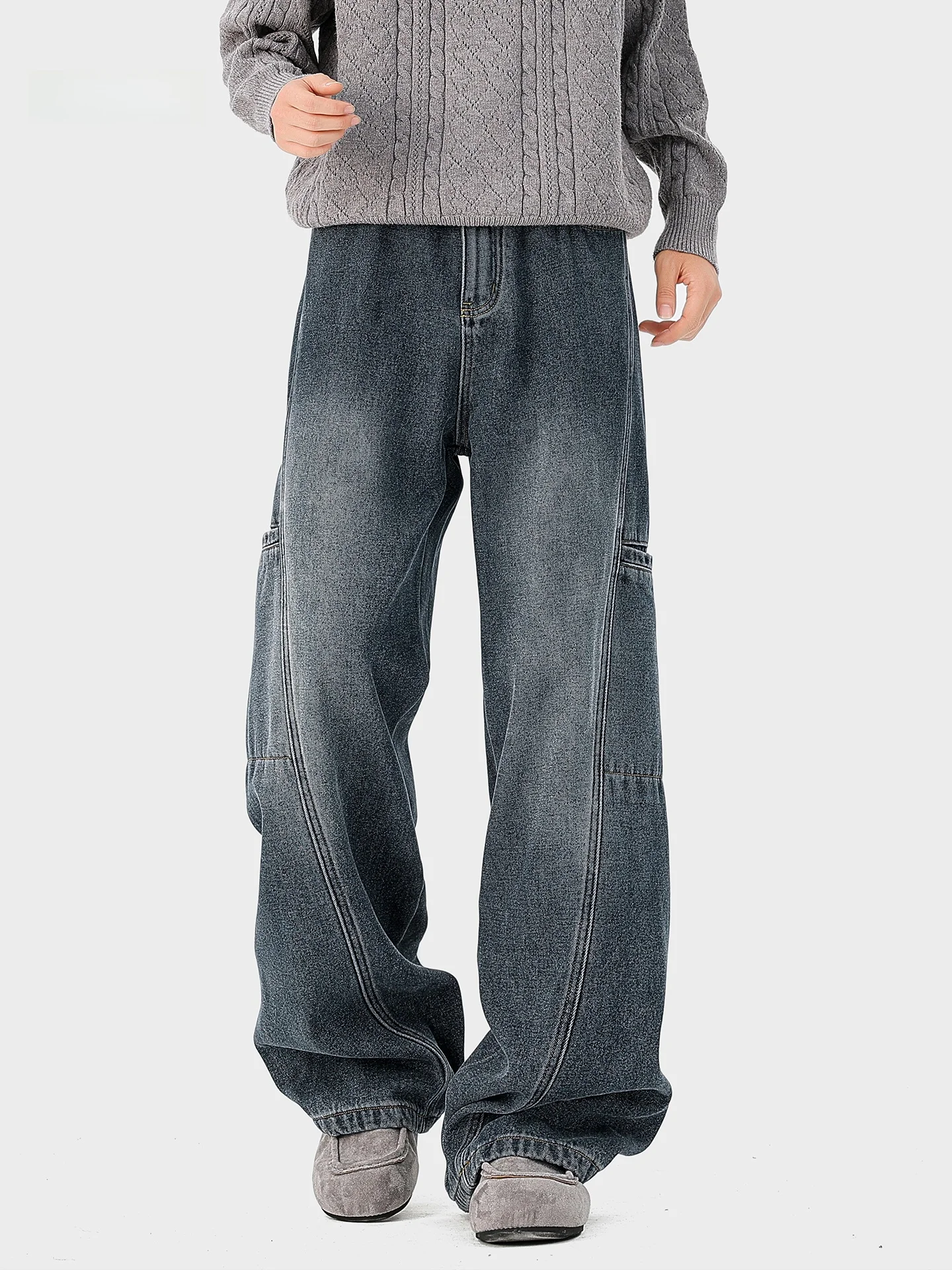 

Thiened Fce Lined Wide Leg Straight Cut Men's Jeans Warm Casual Long Trousers American High Street Workwear Waed Denim