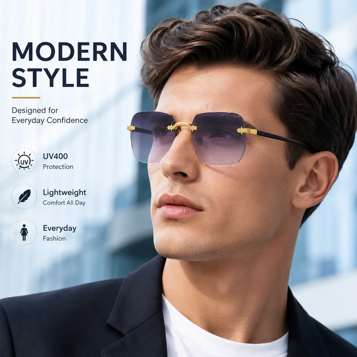 COOLMEN UV400 Rimless Unisex Gradient Lens Fashion Eyewear Lightweight Glasses for Fishing Cycling Hiking Running Travel Outdoor