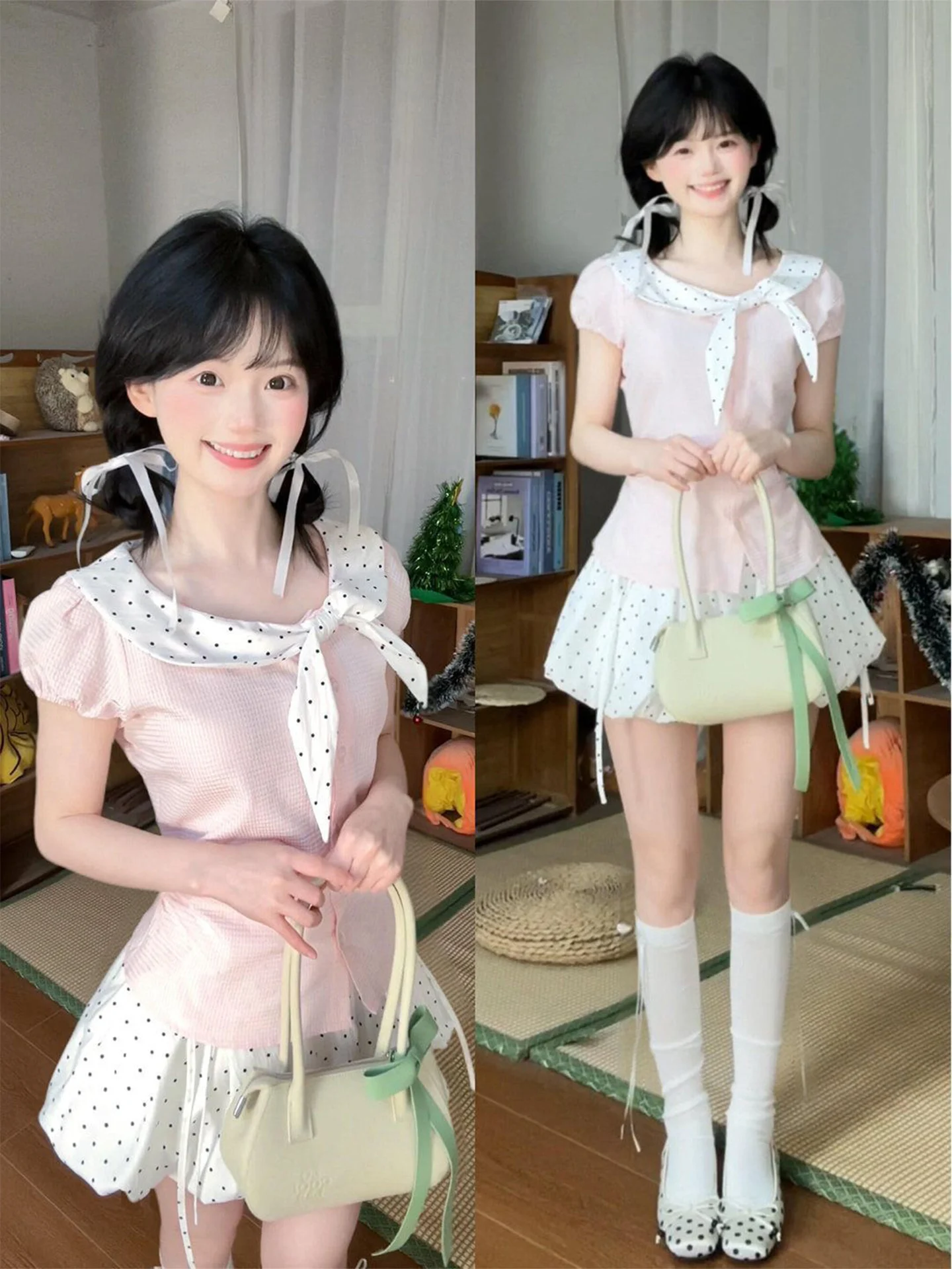 Sweet Polka Dot  Knot Slim Fit Shirt Women Summer Beautiful Cute Bloom Short Skirt Set Asymmetrical Slit Bubble Sleeve