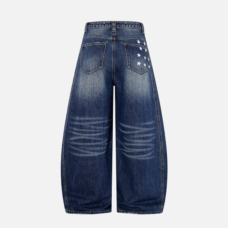 

Y2K American street style vintage washed and distressed star print straight-cut curved blade wide-leg jeans