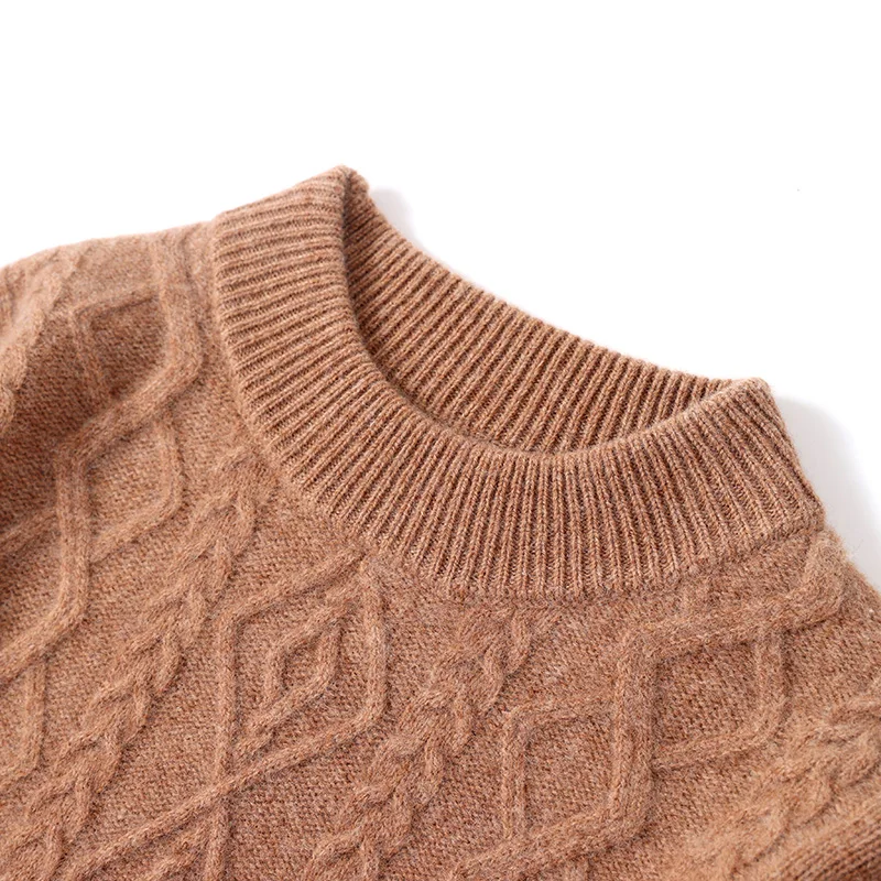 ハイエンドメンズピュアウールセーター O ネックツイストフラワー厚いプルオーバー 100% メリノウールニットウェア秋冬スマートカジュアルトップス