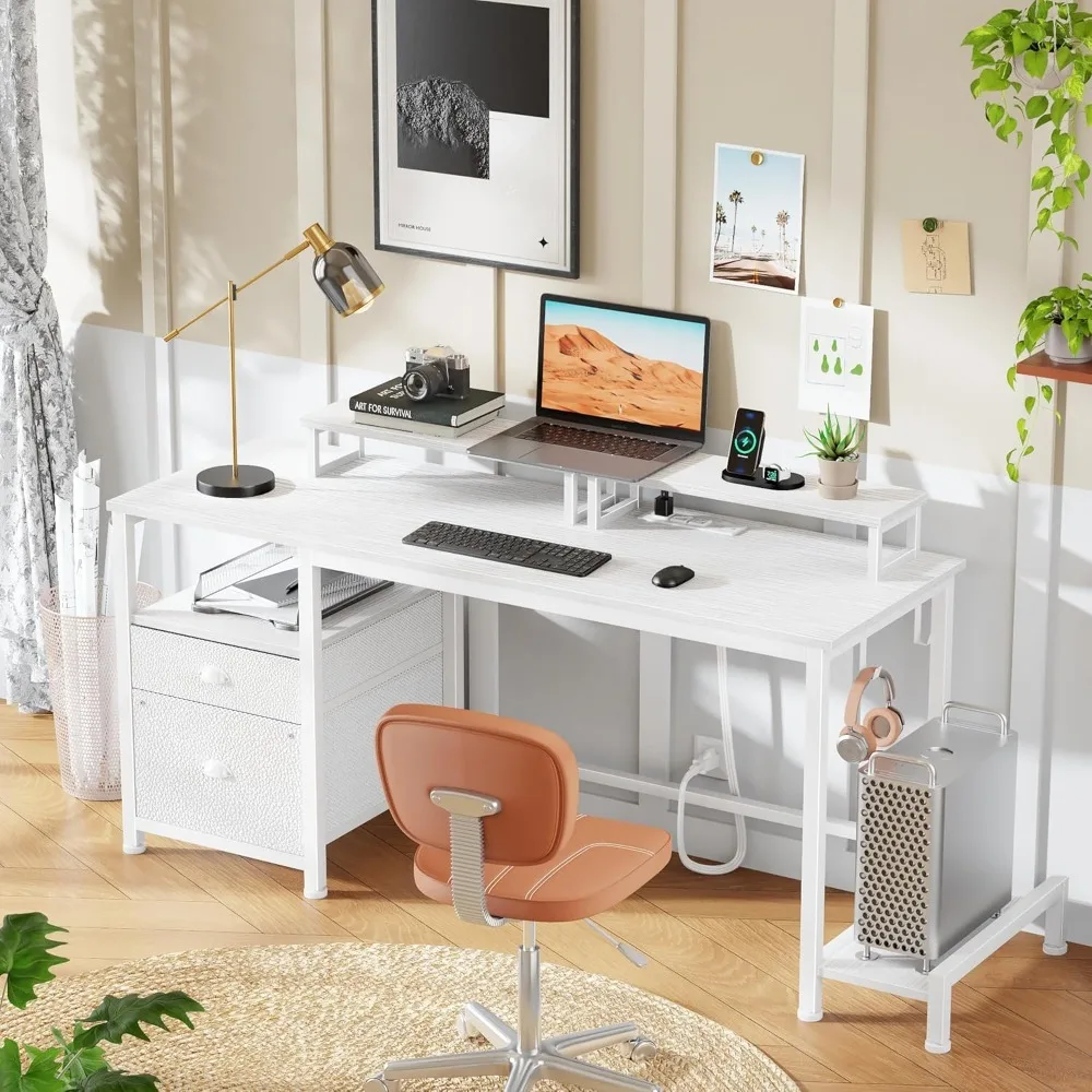

47" Computer Desk with ile Cabinet and Power Outlets, Home Oice Desk with 2 Monitor Stands and Storage Der, Gaming Table with Sh