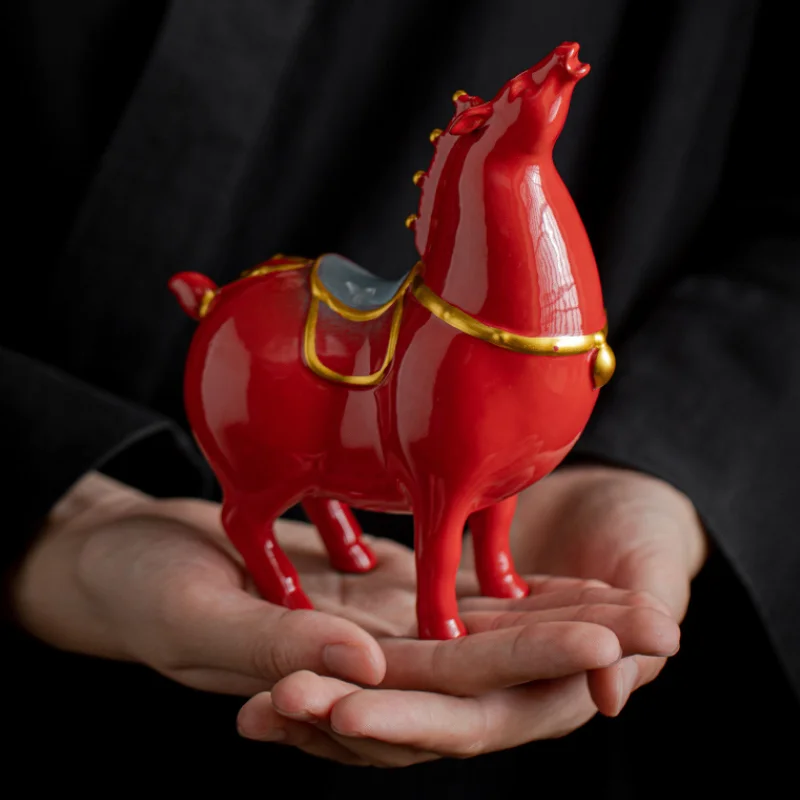 Red Porcelain Tang Horse Statue, Tea Pet, Lucky Horse, Animal Sculpture, Home Feng Shui Decoration, Living Room Ornaments, Gifts