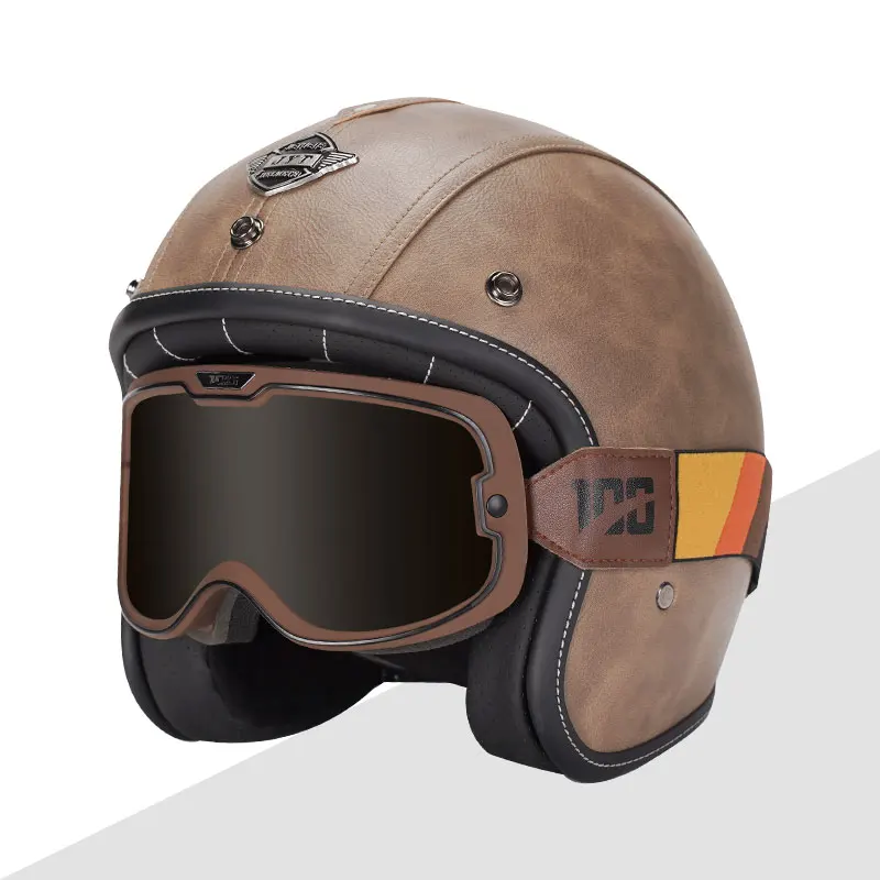 2024 Brown PU Leather Design ABS Motorcycle Half Helmet With Halley Glass Vintage Cafe Racer Open Face Helmet Size S-XXL