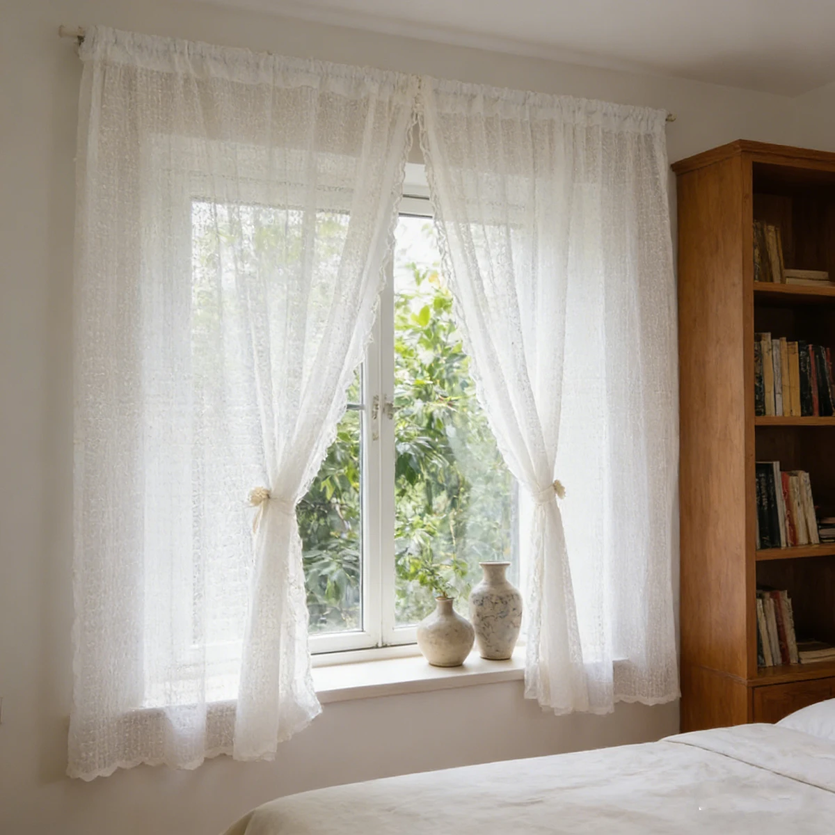 2Pc,French Romantic White Lace Tulle Curtain With Beaded Ruffles Trim Voile Sheer Curtains For Living Room,Bedroom Window Decor