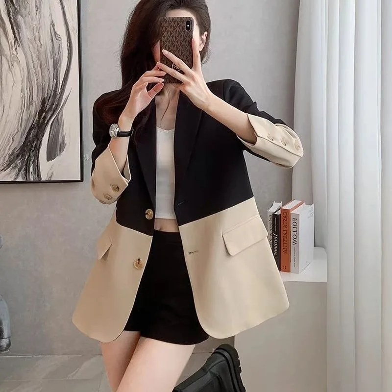 2024 Spring and Autumn Korean Version New Style Loose Look Slimmer Tide Sense of Design Fallow Color Contrast Splice Suit Jacket