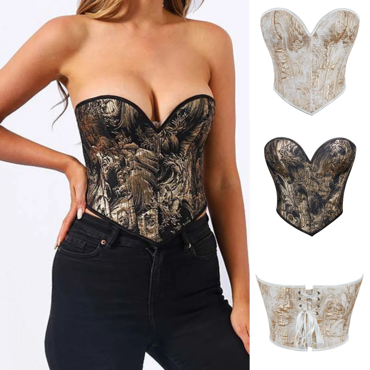

Black Gold Vintage Corset Crop Tops Women Drawstring Brocade Strapless Waist Trainer Overbust Corsets Corselet Shapping Korsett