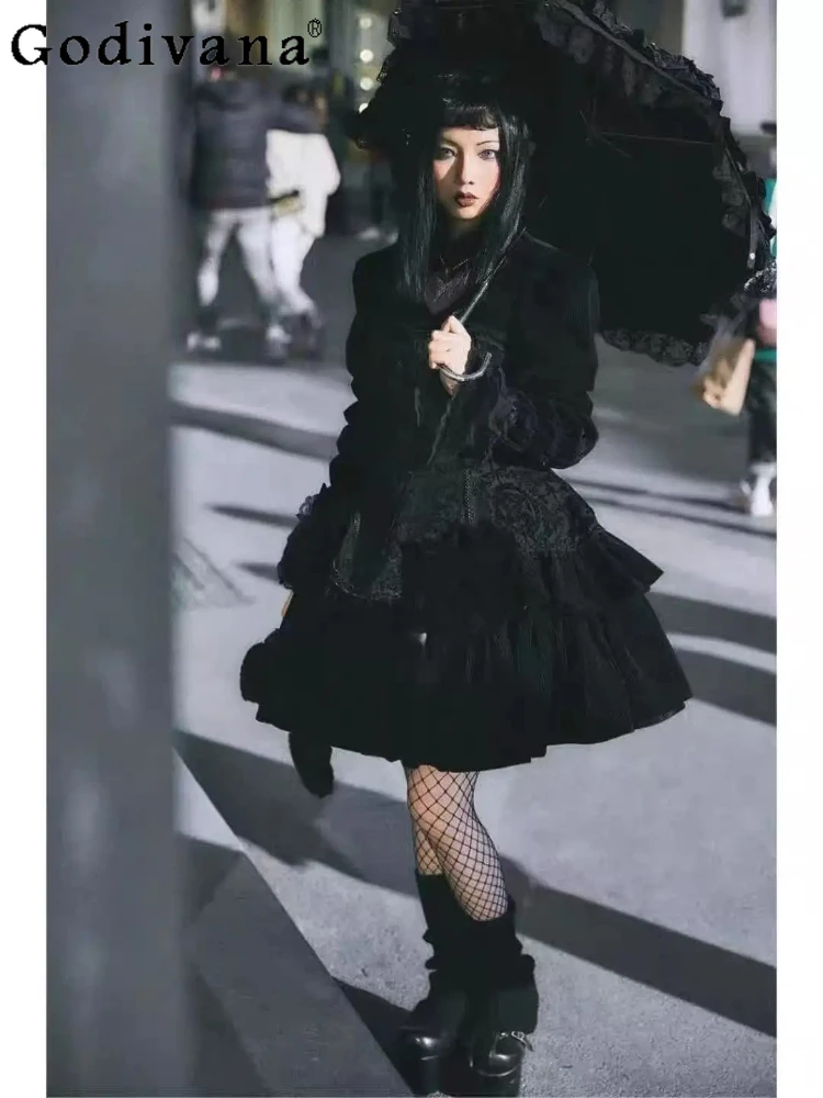 

Spring Autumn Female Halloween Goth Lolita Dresses Temperament Long Sleeve Retro Stand-up Collar Jacquard High Waist Party Dress