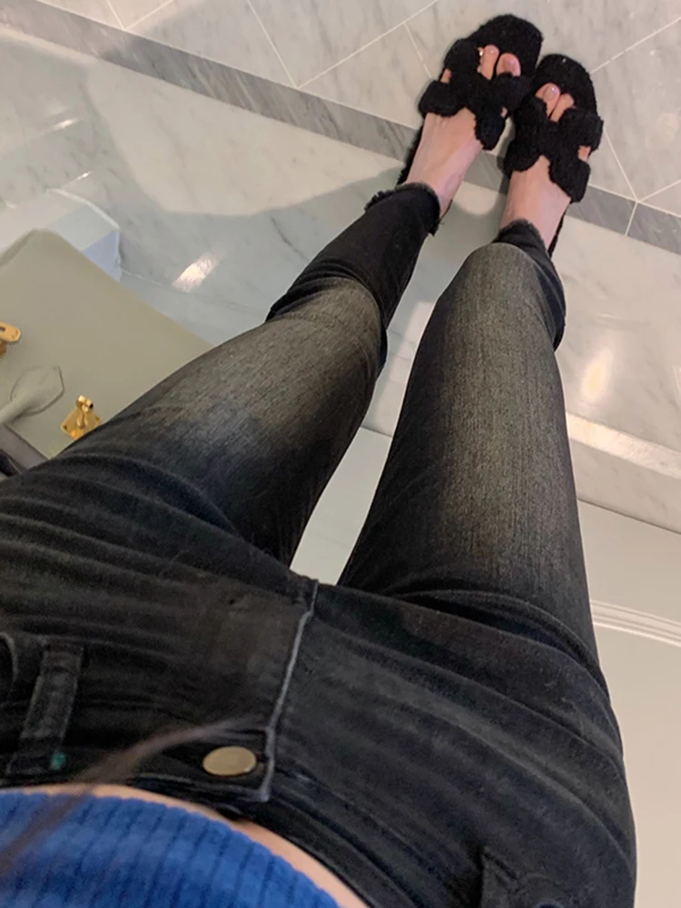 

High Waist Slim Fit Women's Jeans Korean Sle Cartoon Leg Faion Retro Waed Bla Pencil Nine Points Spring New Arrival