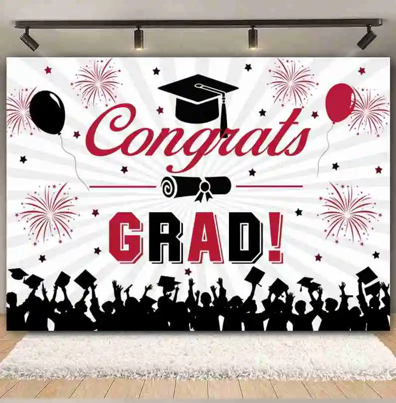 2025 Class Graduation Photography Backdrop Bachelor Cap Balloon Fireworks Congrats Grad Prom Party Photocall Background Decor