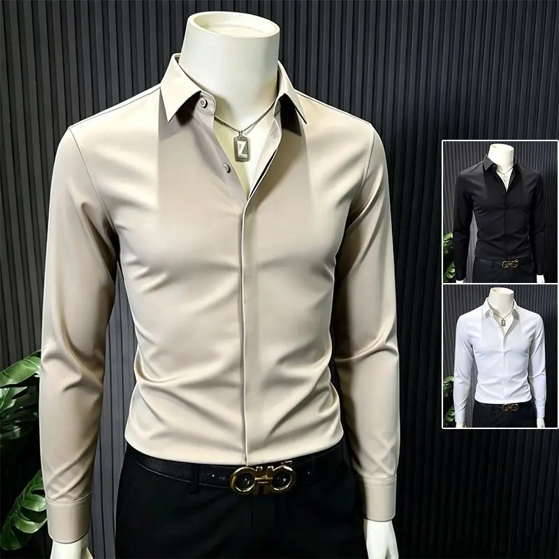 High Elasticity Casual Long Sleeve Men's Shirt Hidden Button Design Luxury Atmosphere Strong Advanced Feeling Polyester Fabric