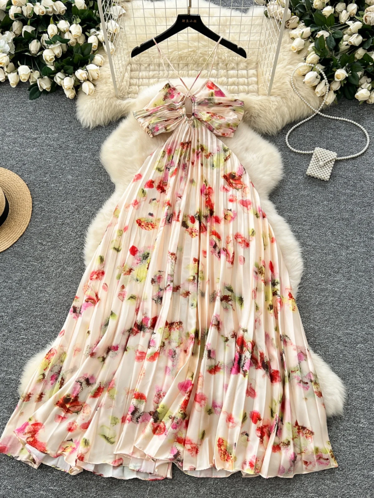 

French Style Holiday Bohemia Beach Maxi Dress For Women Summer Sleeveless Print Vintage Pleated Dress Sexy Evening Party Dresses