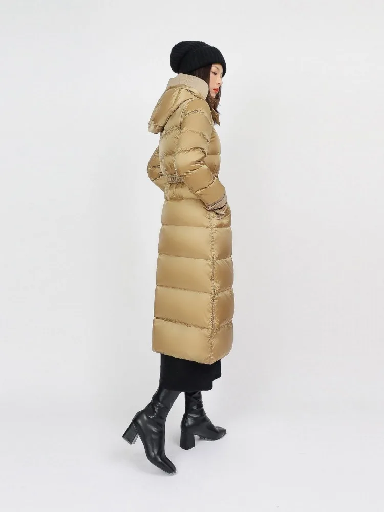 High-end Women Mid-Length Down Jacket Over-the-knee Puffer Jacket Thicken Cinched Waist Slim-Fit  Detachable Hood 90% Down Fill