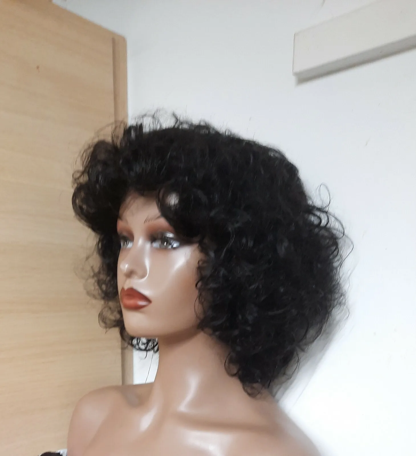 

Brazilian short bouncy curls Virgin wig with full fringe