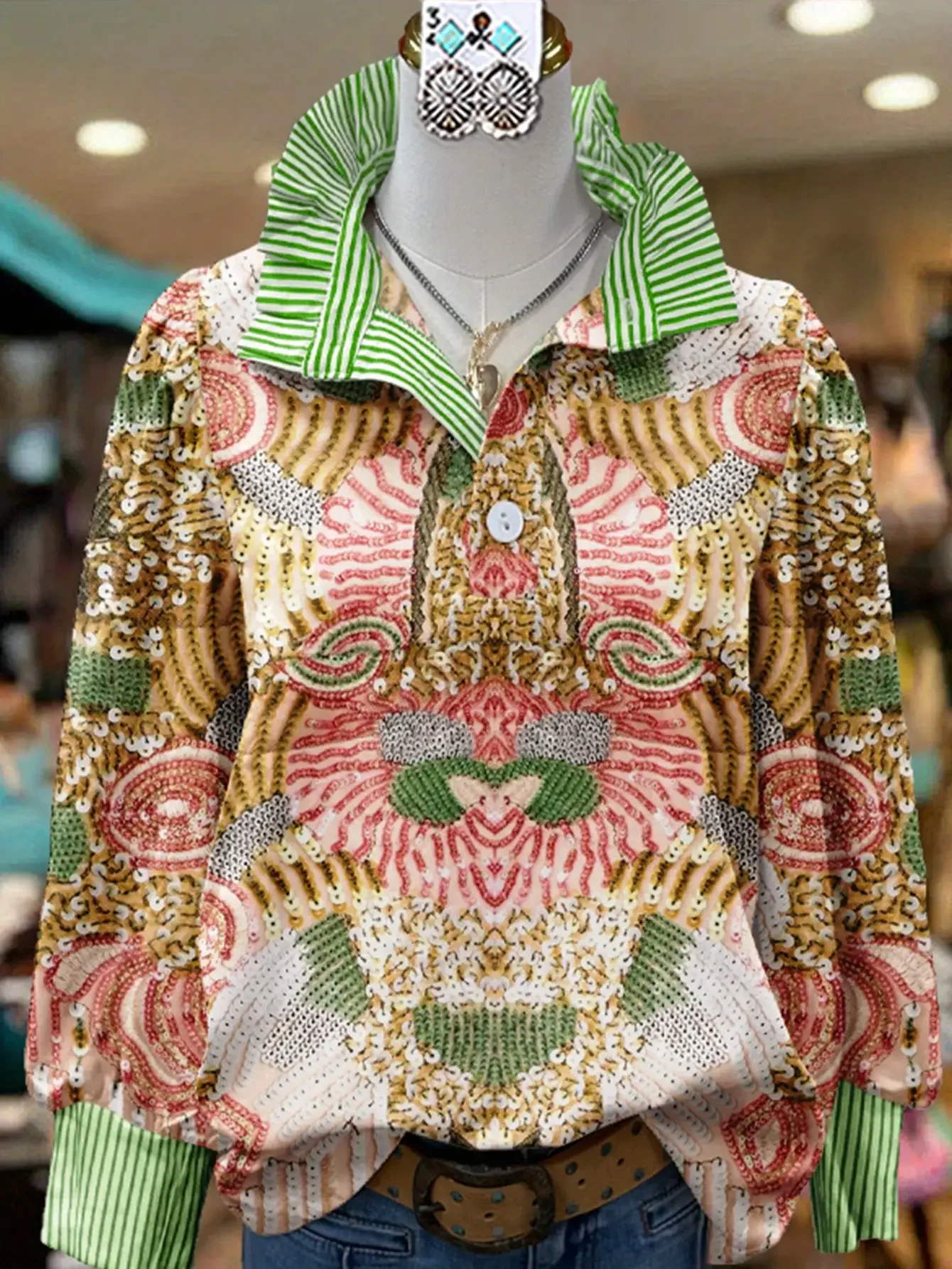 2026 Ladies' striped casual shirt with multi-color striped collar and Christmas Cat Pattern