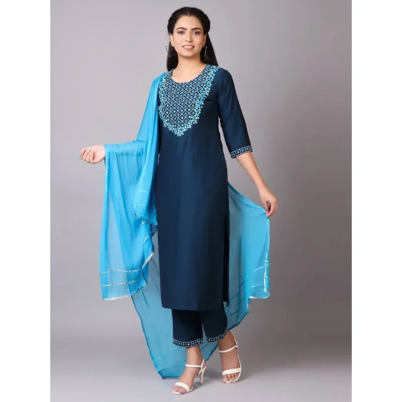 Dark Blue Salwar Kameez Indian Ethnic Kurti Set Wedding Wear 3/4 Sleeves Kurta Pant