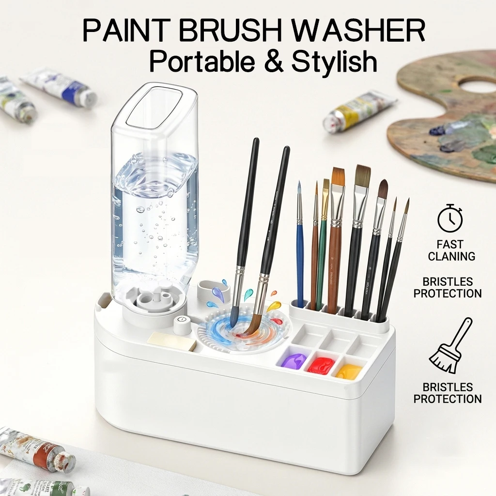 Portable 450ml Brush Washer with Press-to-Change Water Bucket, Suitable for Acrylic Paint Makeup brushes Cleaning Tools
