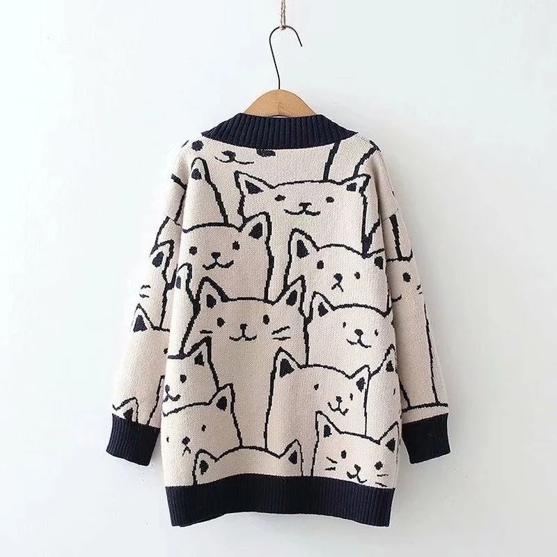 Cartoon Cat Knitted Cardigans Sweater 2024 Spring Autumn Womens Harajuku Sweater Coat O-Neck Long Sleeve Ladies Cardigan Jacket